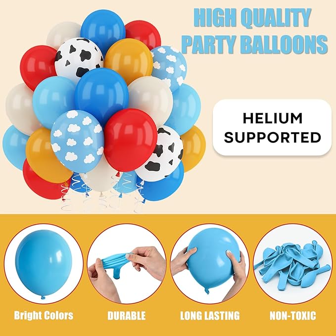 Red Blue Yellow Balloons 12inch Cow Print Sky Blue White Cloud Balloon for Kids Farm Theme Cowboy Birthday Party Decorations Western Blue Red Yellow Beige Latex Helium Balloon for Arch
