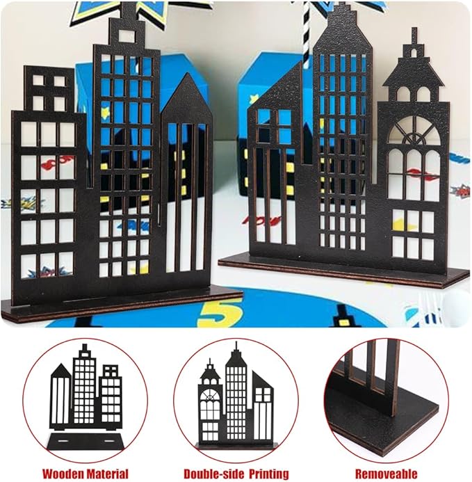 6 Pcs Super Hero Party Decorations, 2 Style Wooden Hero Theme Skyscrapers Table Decorations, City Skyline Buildings Centerpiece Sign Decor for Hero Theme Comic Birthday Party Supplies