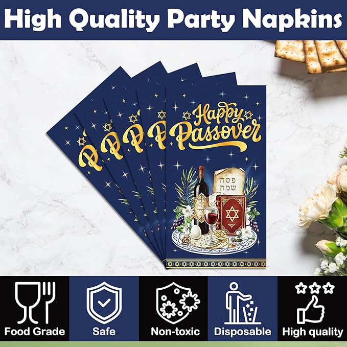 100Pcs Happy Passover Napkins - Passover Party Decorations Jewish Festival Theme Supplies Disposable Luncheon Dinner Napkins 7.8" x4.3" for Home Office Kitchen Table Decor