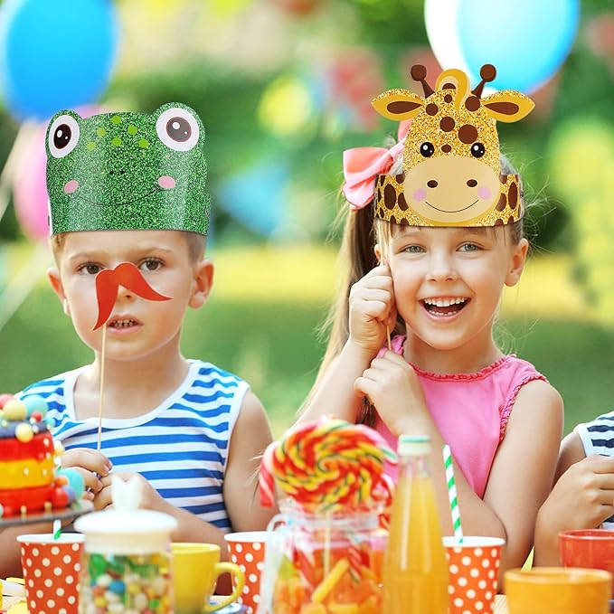 24 Pcs Animal Birthday Party Hats Animal Headbands Jungle Safari Animal Paper Party Crown for Girls Kids (Jungle Animal)