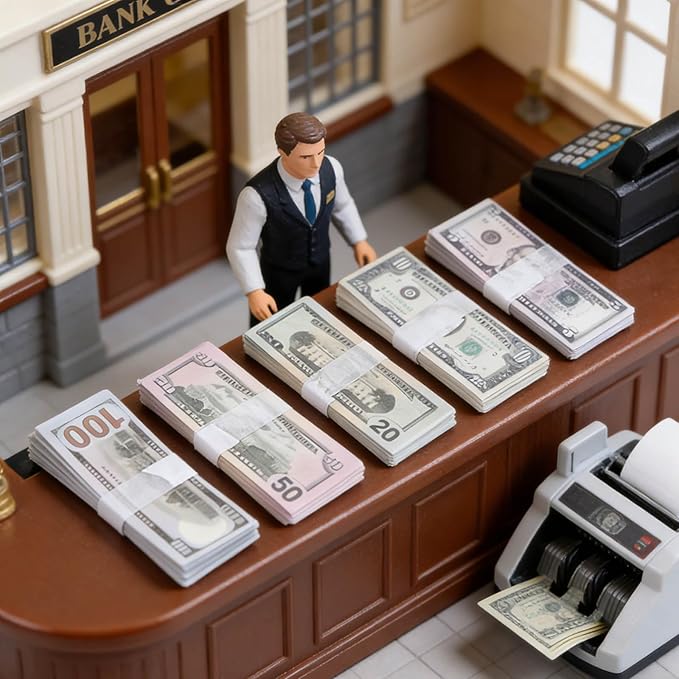 500PCS 1:12 Miniature Scene Dollars Set, 5 10 20 50 100 Fake Bill Prop Money, Realistic Tiny Mixed Denominations Stacks for Dollhouse Accessories