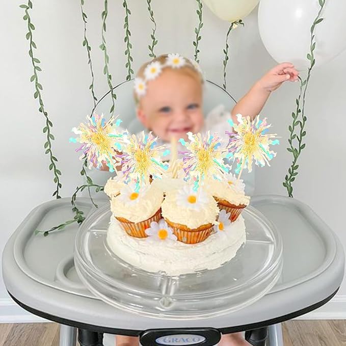 30 PCS Foil Firework Cupcake Toppers Sparkle Tinsel Cupcake Picks Happy Birthday Cake Decorations Drink Stirrers Cocktail Food Fruit Toothpicks for Baby Shower Graduation Party Supplies Yellow