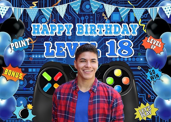 Game Theme Level 18 Birthday Backdrop Video Game Happy 18th Birthday Party Decorations Level Up Theme Boys Kids Birthday Party Supplies(7×5FT)