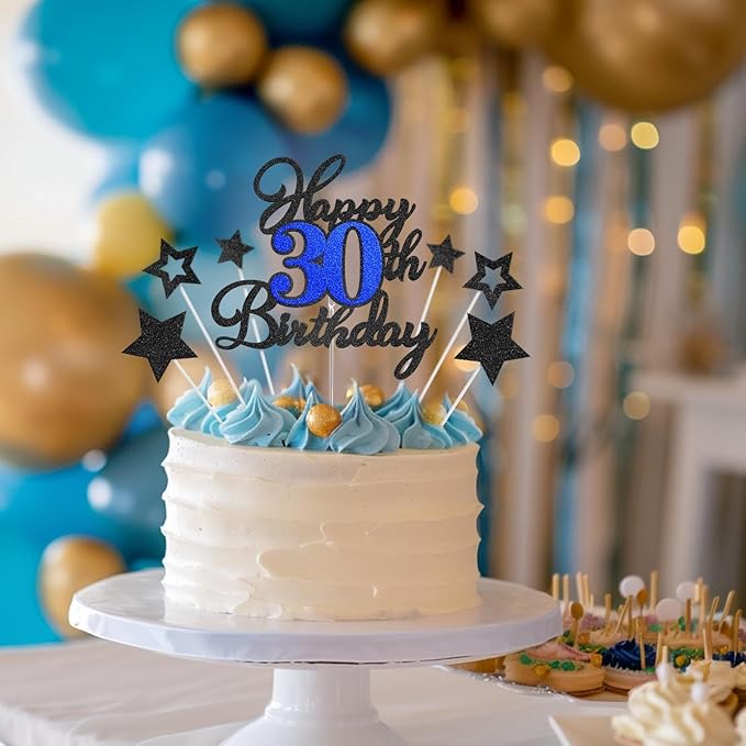 Happy 30th Birthday Cake Toppers, Black Blue Glitter Cake Decorations Set, 30th Birthday Decor, Birthday Anniversary Party Decorations Supplies