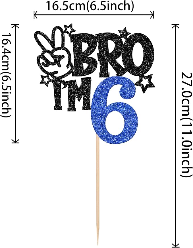 1 PCS Brother I'm 6 Cake Topper Glitter Star Happy 6th Birthday Cake Pick Bro I'm 6 Cake Decoration It's My 6th Birthday Decorations for Boys Cheers to 6 Years Old Birthday Party Supplies Blue
