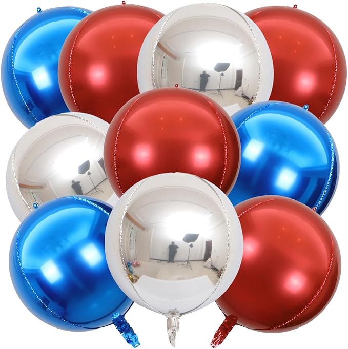 KALOR 22 Inch Red Blue and Silver Foil Balloons, 10 Pcs Large 4D Giant Round Metallic Foil Balloon for Birthday Party Baby Shower Graduation Party Decorations