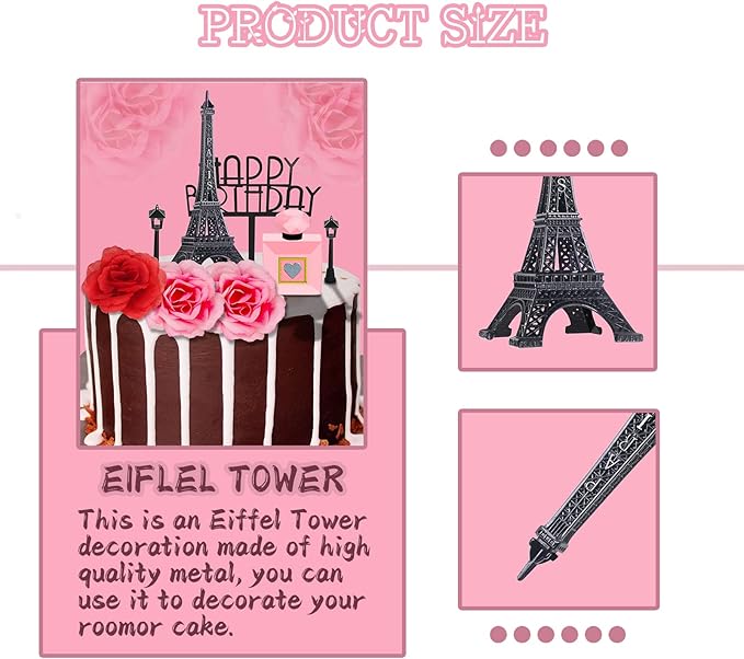 MEMOVAN 8pcs Paris Cake Topper Eiffel Tower Statue Cake Topper 7 Inch Pairs Eiffel Tower Perfume Bottle Birthday Topper Street Lamp Rose Cake Decoration for Girl Women Spa Paris French Theme Party