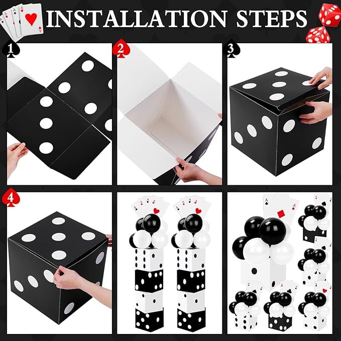 68 Pcs Casino Party Boxes Balloon Poker Cards Decoration-16 Pcs 11 in Casino Dice Favor Boxes 16 Jumbo Playing Cards 36 Balloons for Game Night Birthday Grad Prom Party Supplies(Black White)