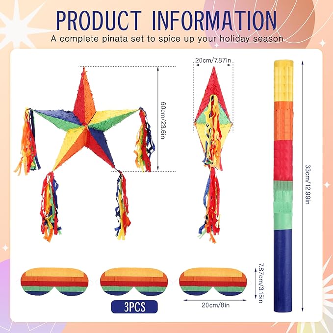 Hanaive Foil Star Piñata with Blindfold and Bat for Birthday Foldable Star Shape Piñata with Stick Festive Fiesta Party Supplies Favors for Mexican Party(Multicolor)
