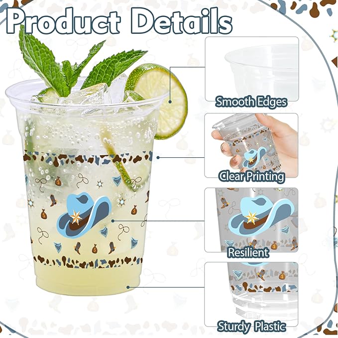 100 Pcs Western Cowboy Plastic Cups, 12 oz Blue Clear Disposable Party Cups for Baby Shower, Birthday Supplies