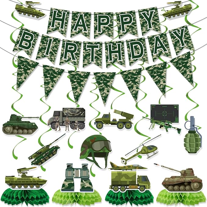 Army Birthday Party Decorations Include Happy Birthday Banners Camo Bunting Banners Hanging Swirls Honeycomb Centerpieces Military Birthday Theme Party Supplies