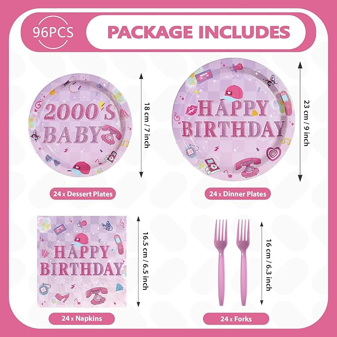 96 Pcs Y2k 2000s Birthday Party Supplies Pink Retro Fashion Plates and Napkins Disposable Early 2000s Theme Tableware Set for Girls Women Teen Birthday Party Decorations Serves 24