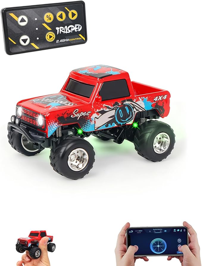 1:64 Red RC Cars for Kids Toys, 2.4Ghz Remote and APP Control, Mini Alloy Truck Car with Cool Light and USB-C Recharging, Speed Adjustable Steering Easy to Operate, Gift for Children, Boys, Girls