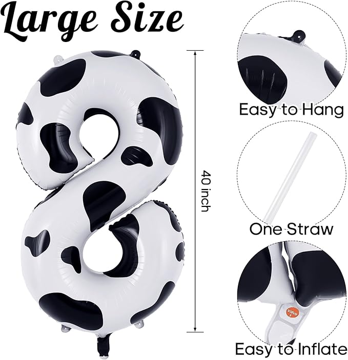 Cow Print Number 8 Balloon, Large 40 Inch Cow Number Birthday Balloons, Foil Mylar Number 8 Balloons for 8 Year Old Birthday Party Decorations Supplies Animal Farm Cowboy Cowgirl Themed Party
