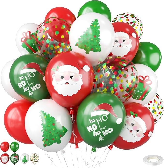 Merry Christmas Party Balloons,12 Inch Xmas Style Red Green White Print Balloons for Christmas Theme Party Supplies