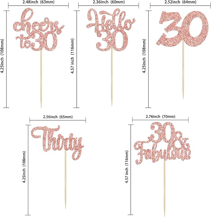 30Pcs Happy 30th Birthday Cupcake Toppers Rose Gold Glitter Thirty Cheers to 30 Birthday Cupcake Picks for Happy 30th Birthday Anniversary Party Cake Decorations Supplies