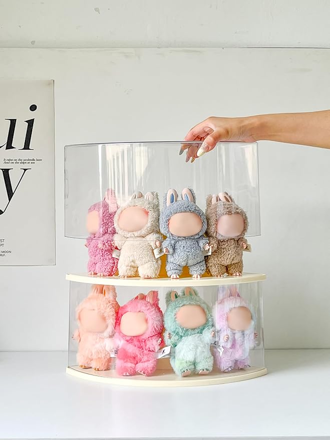 Half-Moon Clear Toy Organizer Compatible with Labubu - Corner Storage Box for 7 Inch Collectibles, Stackable Display Case with Dust-Proof Lid & Accessory Shelf