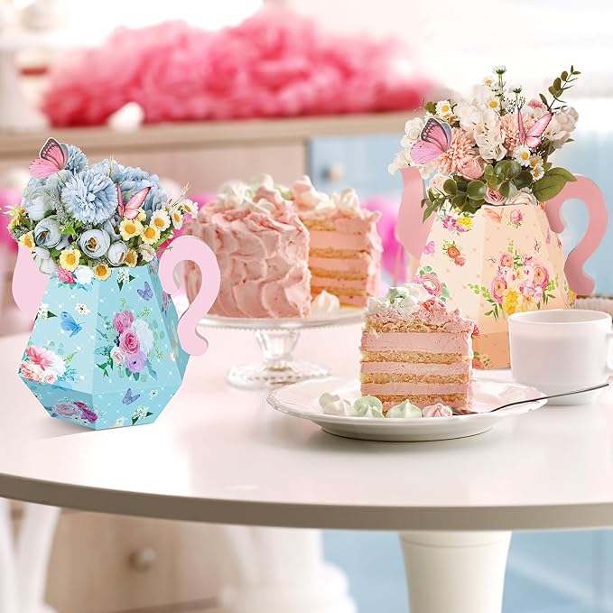 Fulmoon 9 Pcs Tea Party Decorations 6.7'' Flower Box Table Paper Teapot Princess Centerpiece Vase Table Decor Wonderland Fancy Party Decor for Floral Tea Birthday Baby Shower Wedding (Cute)