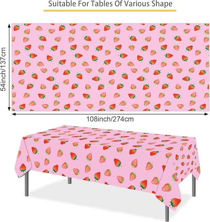 PHOGARY 2 PCS Strawberry Tablecloth for Strawberry Party Decorations, Disposable Plastic Rectangle Berry First Birthday Table Cloth for Kids Girls Berry Birthday Decorations Baby Shower 54"X108"