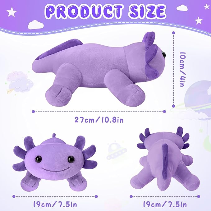 10.8 inch Plush Axolotl Stuffed Animal, Axolotl Plush Toys, Cute Stuffed Cotton Plush Pillow Kawaii Salamander Gifts for Girls & Boys, Plushies has (Purple Axolotl)