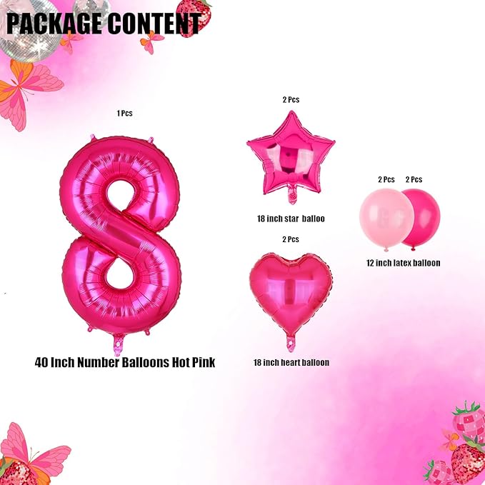 40 Inch Number Balloons Hot Pink 8 Large Number Balloon Anniversary Event Celebration Bachelorette Cowgirl Let's Go Girls Pink Themed 8th Birthday Party Decor Supplies 9 Pcs