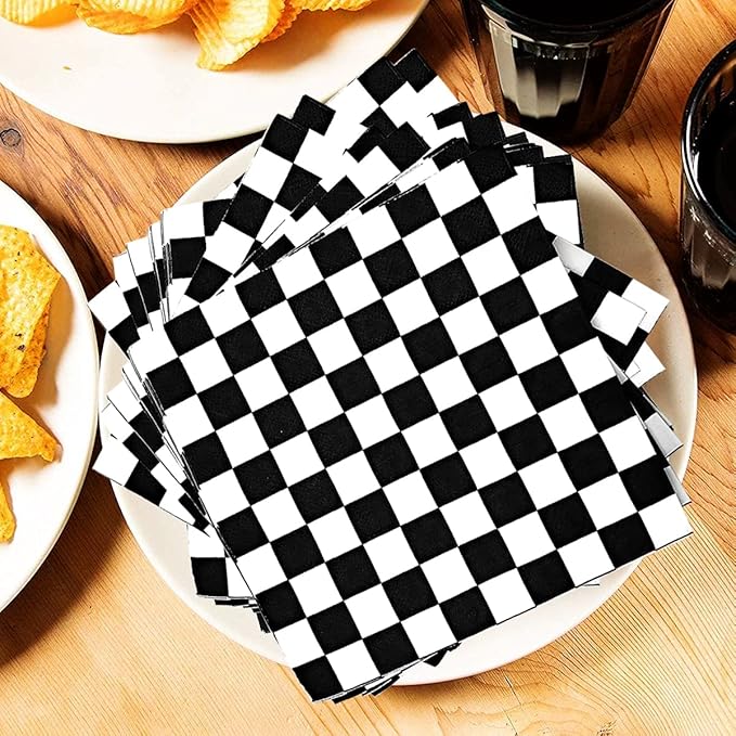 60Pcs Race Car Black and White Checkered Party Supplies - Racing Tableware Set with 7" Plates, Checkered Flag Napkins, Forks for Race Car Themed Birthday Party Decorations (Serves 20)