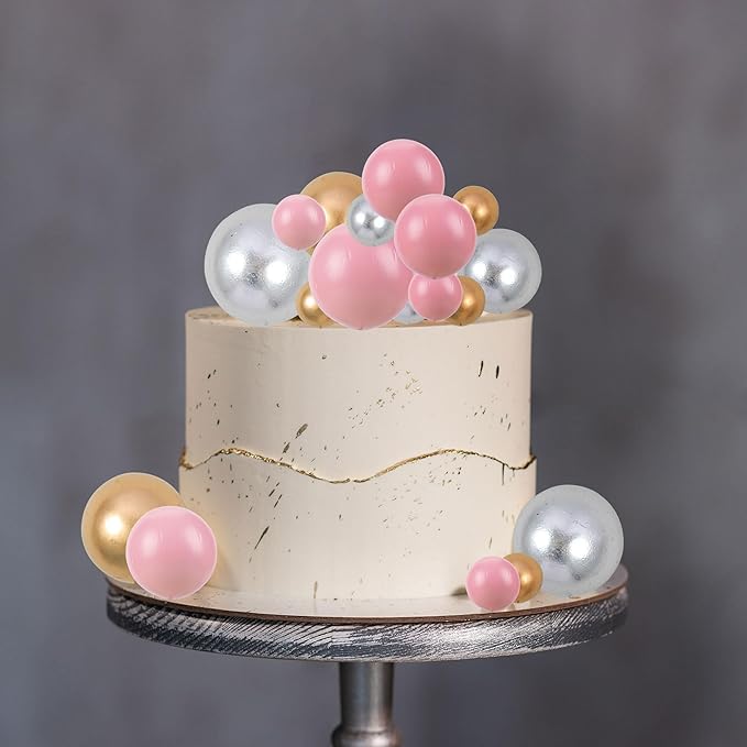 Gyufise 30Pcs Balls Cake Topper Foam Ball Cake Picks Mini Balloon DIY Cake Insert Topper Decoration for Baby Shower Wedding Anniversary Kids Birthday Party Cake Decorations Gold Silver Pink