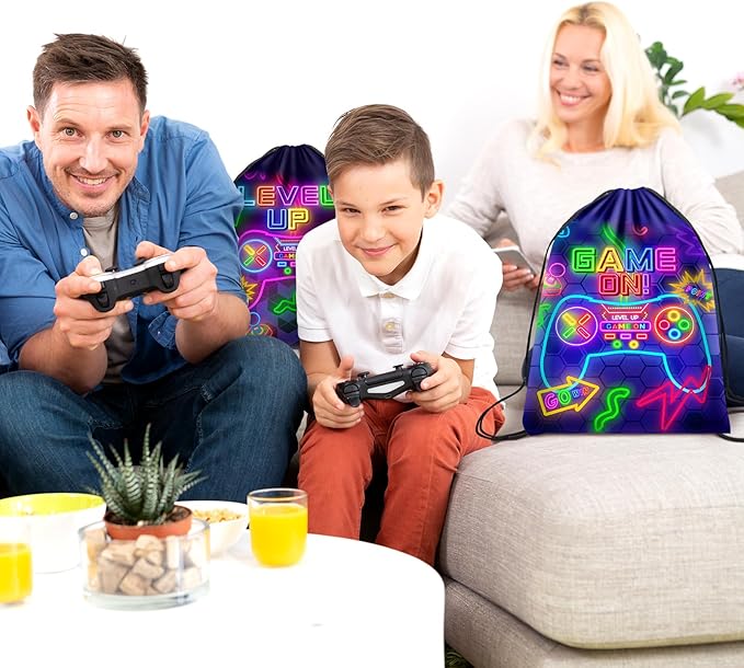 Eccliy 20 Pcs Video Game Party Favor Bags Gamer Birthday Party Drawstring Bags for Kids Boys Girls 12 x 10 Inch Gaming Goodie Treat for Game on Theme Decorations Supplies(Neon,Classic Style)