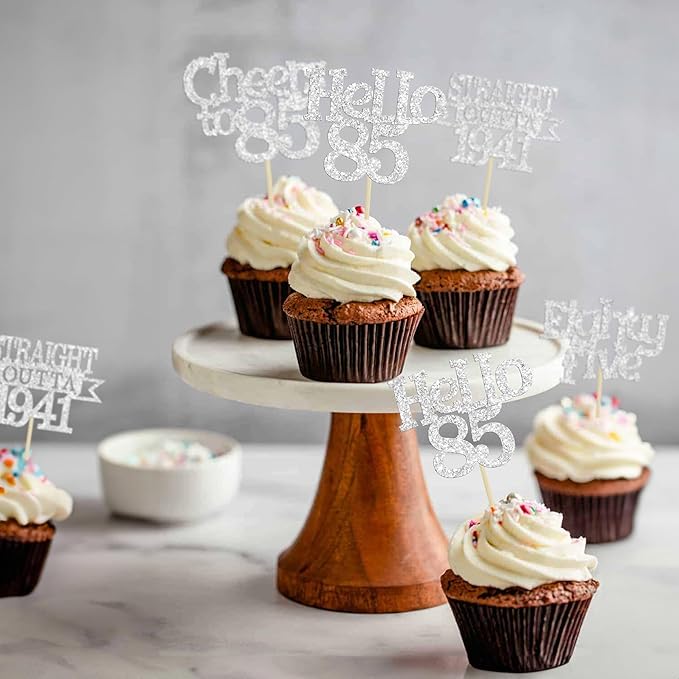 Ephlyn 24Pcs 85th Birthday Cupcake Toppers Glitter Straight Outta 1941 Cupcake Picks Hello 85 Cheers to 85 Years Cake Decorations for 85th Birthday Anniversary Party Decorations Supplies Silver
