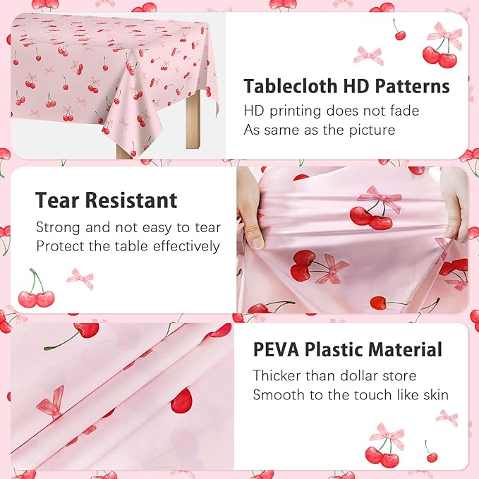 3pcs Cherry Birthday Decorations Tablecloths, Large Size Cherry and Bows Birthday Decorations Table Cloth for Cherries Themed Party, 54 x 108 Inch