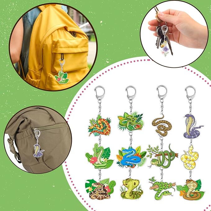 12 PCS Snake Party Favors Snake Acrylic Keychains for Reptile Snake Birthday Party Decorations Supplies Gifts for Kids Classroom Prizes