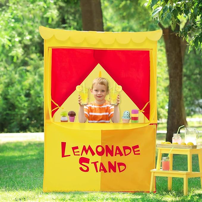 Alvantor® Lemonade Stand Puppet Show Theater Pretend Playhouse Tent Kids on Stage Doorway Table Top Sets for Toddlers Curtain Fordable Rods Children Dramatic Furniture, 28"X20"X41"H, Yellow