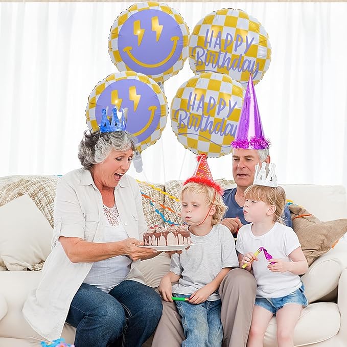 18 Inch Smile Face Birthday Foil Balloons, Yellow White Checkered Smile Face with Lightning Eyes Mylar Helium Round Balloon for Teen Boys Girls One Happy Great Dude Birthday Preppy Party Decorations