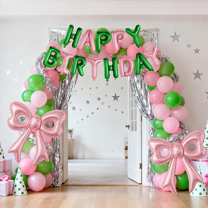 Pink and Green Happy Birthday Balloons, 31”Huge Pink Bow Aluminum Foil Balloons for Girl Woman Birthday Princess Bachelorette Witch Party Decorations Supplies