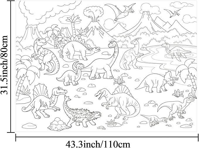 Dinosaur Giant Coloring Poster for Kids Large Coloring Tablecloth Drawing Roll Paper Books Sheets Page Huge Table Cover Art Crafts for Wall Classroom Home Gift Birthday Party Supplies Decoration