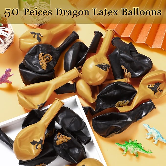 Zomiboo 50 Pieces Dragon Theme Party Supplies, Dragon Theme Party Balloons, Black Gold Birthday Decoration Picks for Fantasy Supplies, 12 Inches