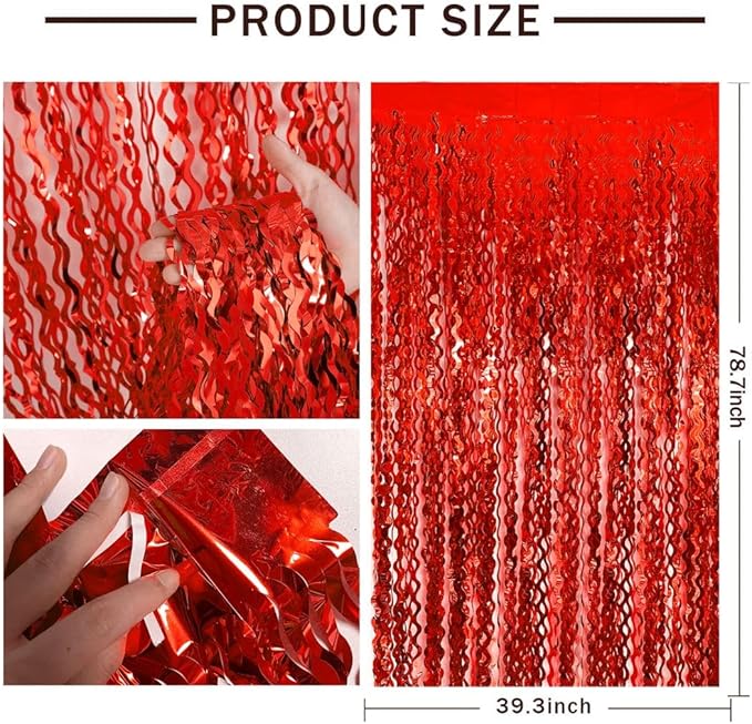 Red Streamers Wave Foil Fringe Backdrop Curtains Red Party Decorations for Graduation 2025, Birthday, Cherry Themed Party, Valentines Day, 4th of July, Anniversary Celebration, Christmas, Wedding