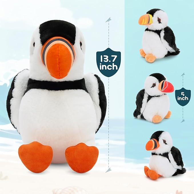 13.7" Puffin Plush Toy with Back Zipper, Includes 3 Adorable Baby Puffin Stuffed Inside - Soft & Safe Stuffed Animal for Kids, Perfect for Bedtime Companion, Gift, or Room Decor