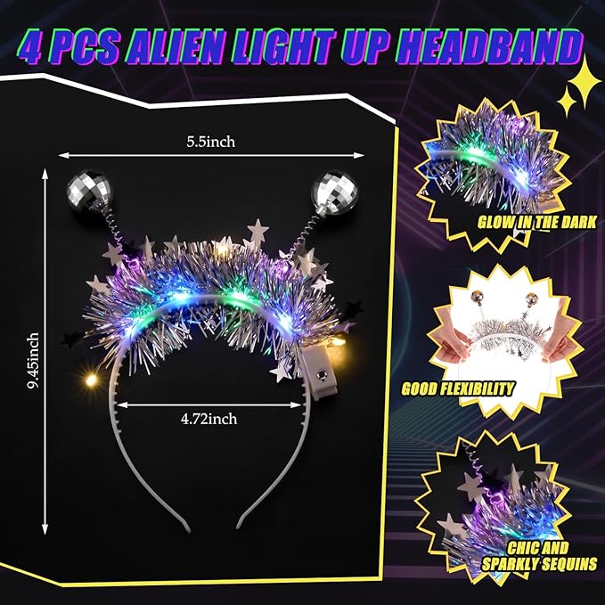 Juexica 6 Pack Disco Party Supplies, Silver LED Disco Headband for Glow Party Headwear Costume Accessories