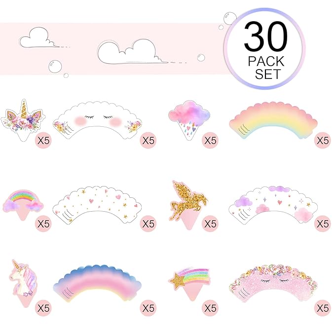 Censen 30 Pieces Unicorn Cupcake Toppers and Wrappers Decorations Unicorn Cup Cake Liners Rainbow Birthday Party Supplies Rainbow Topper Decorations for Girls Women Birthday Party