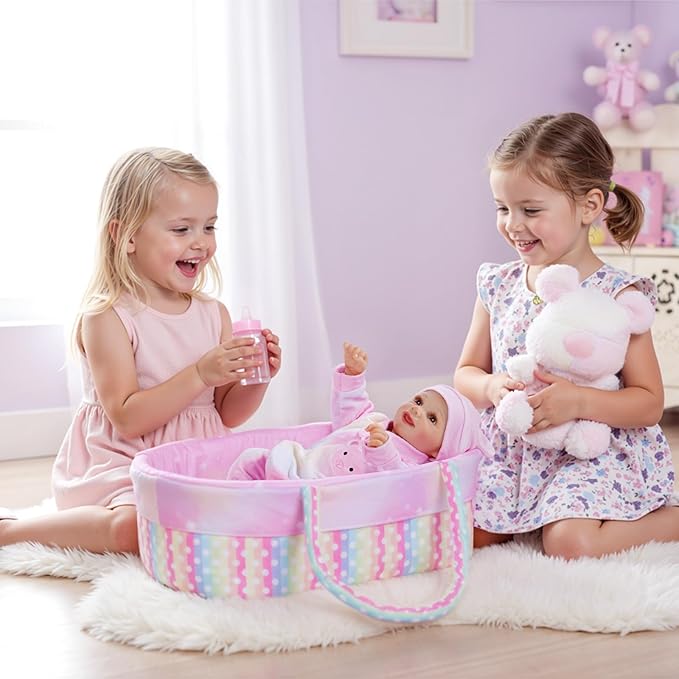 BABESIDE 8 Pcs Reborn Baby Doll Clothes with Bassinet for 17-22 Inch Babydolls, Reborn Baby Doll Accessories fit Realistic Dolls Girls, Colorful Baby Dolls Clothes
