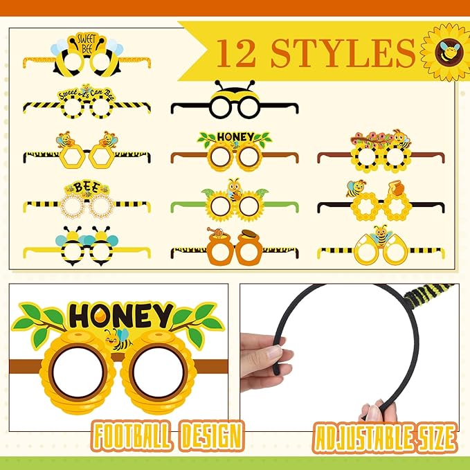 Kingdder 36 Pcs Bee Party Supplies 12 Bee Honeycomb Sunflower Beaded Necklaces 12 Headbands 12 Touchdown Paper Glasses Prop Accessories for Spring Birthday Party Photo Booth Props Summer Decorations