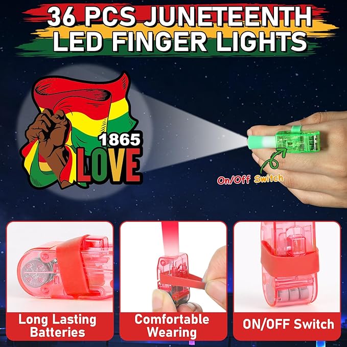 36Pcs Juneteenth LED Finger Lights Juneteenth Party Favor Glow in the Dark Light Up Finger Light Freedom Day Themed Toys Bulk for Kids Birthday Party Goodie Bag Stuffer Birthday Gifts Classroom Prize