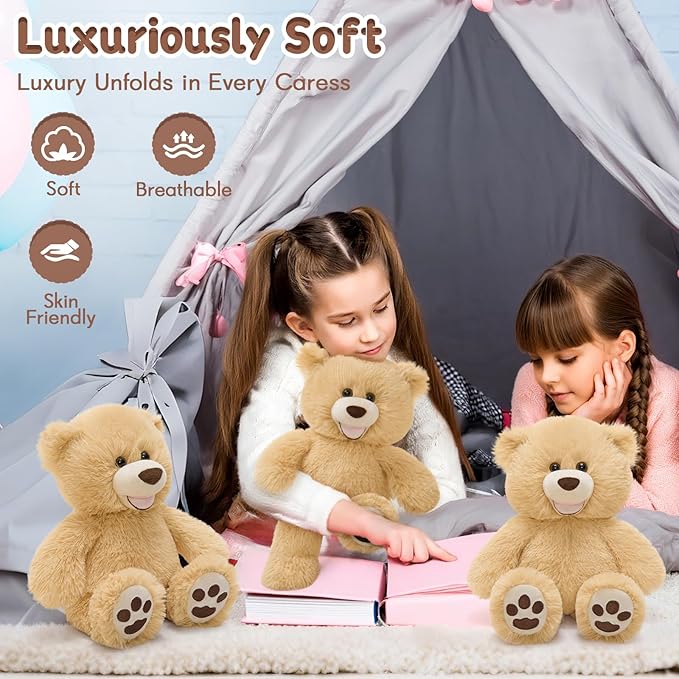 MorisMos 3 Pcs Teddy Bear Stuffed Animals, 13.8 Inch Smiling Teddy Bears Baby Shower Decoration Plush, Gifts for Boys Girls Kids, Nursery, Birthday, Party, Brown, Easter Basket Stuffer Toy