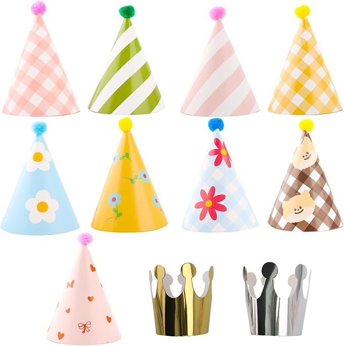 Olen Party Hats for Kids Birthday, 11 Pack Birthday Hats with Pom Poms, Paper Cone Caps for Stuffed Animals, Party Crown Caps Set, Small Celebration Accessories for Girls Boys Toddlers