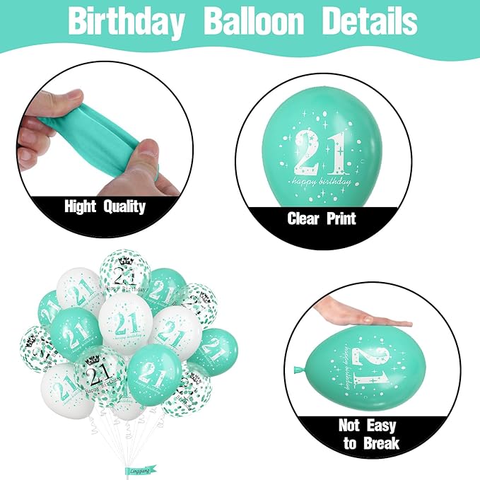 21st Birthday Balloons & Decorations - Teal, White & Turquoise Latex Balloons for Boys & Girls, Confetti, Party Supplies