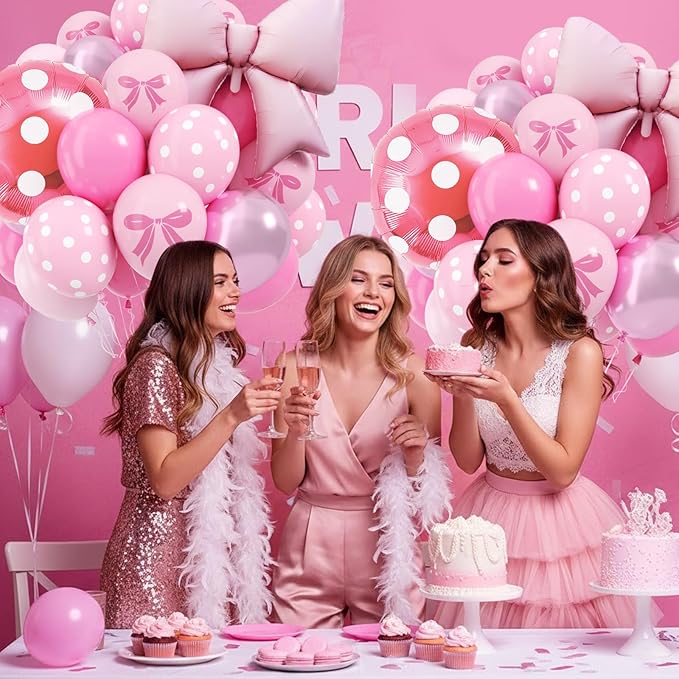 Pink Bow Balloons, 12 Inch Mouse Balloon with Hot Pink Rose Polka Dots Bow Foil Balloon Print Latex Balloons for Mouse Theme Bow's Birthday Party Decoration