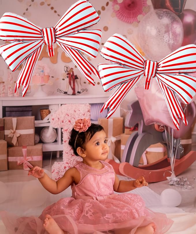 2 pcs Big Bow Balloons Red Strips 30 inch, Bow Party Balloons Decorations for Girls Birthday Mouse Themed Baby Shower Wedding Christmas Party Décor Supplies Favors