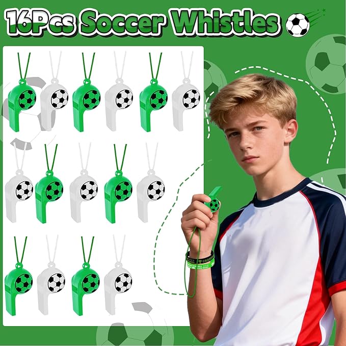 98Pcs Soccer Party Favors, Soccer Drawstring Bags with Silicone Bracelet Soccer Whistles Stickers Soccer Goodie Bags for Soccer Party Decorations Party Supplies