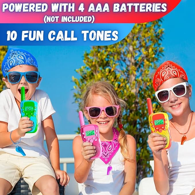 Waka Waka Walkie Talkies for Kids (3 Pack, Yellow, Red, Green) — Long Range Two-Way Walkie Talkie Set with Bandanas and Whistles Included — Great for Indoor or Outdoor Play — Gift for Boys and Girls